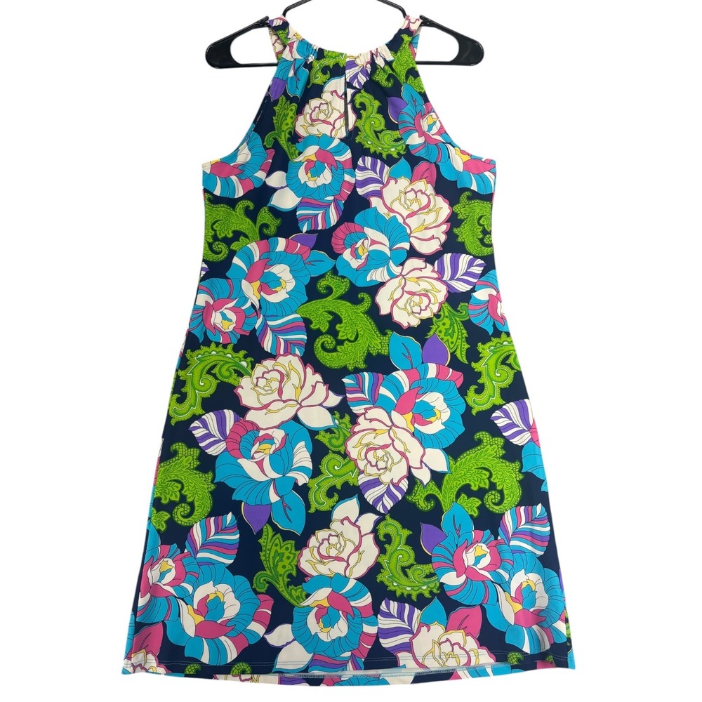 Jude Connally Lisa Halter Dress M Navy Floral Paisley Shift Resort Vacation USA